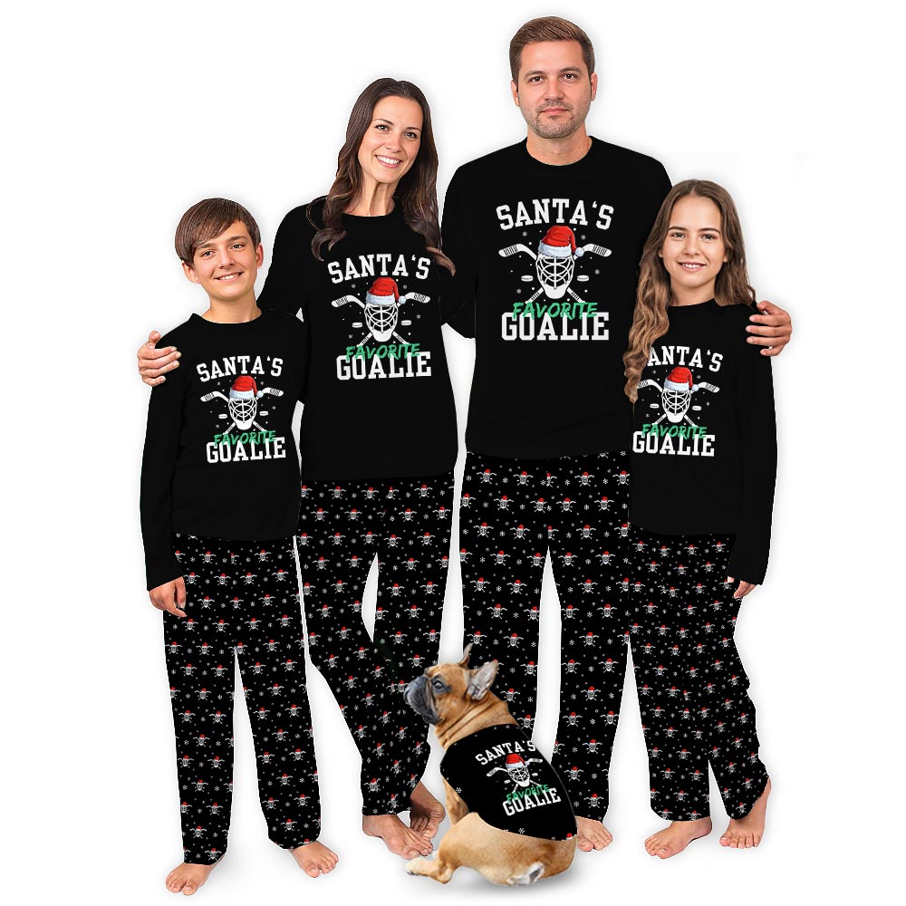 Santa's Favorite Goalie Hockey Pajama Set for the Family with Dog Santa's Favorite Goalie Hockey Pajama Set for the Family with Dog