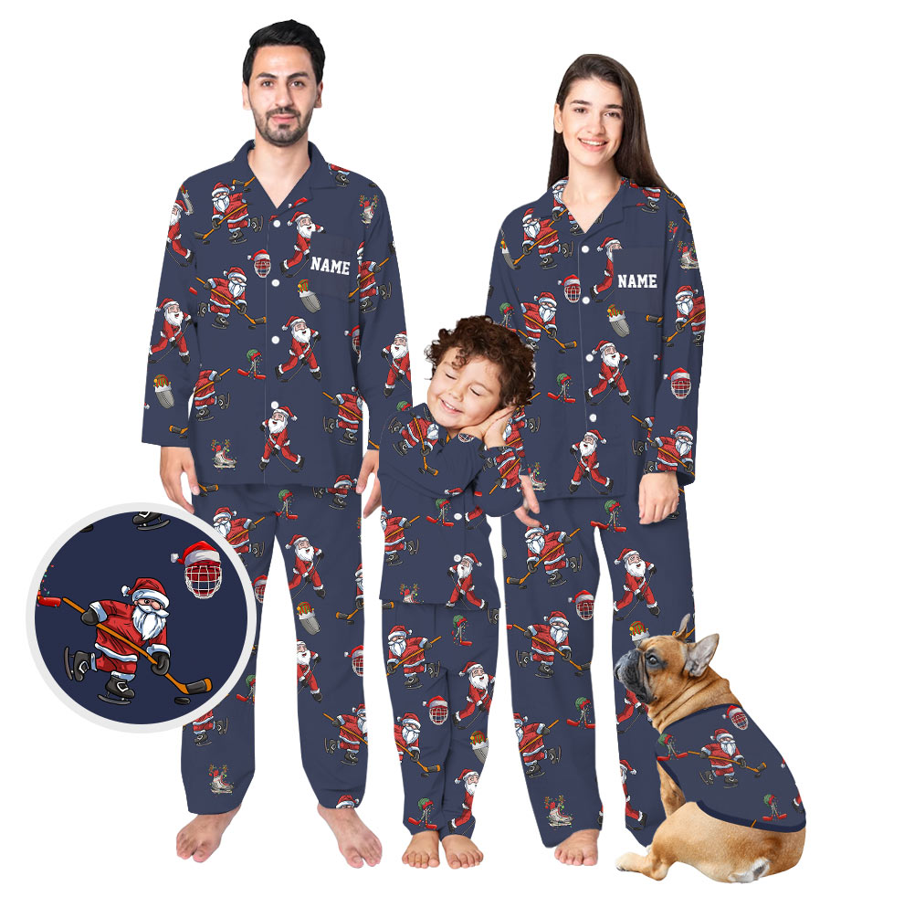 Customizable Santa Ice Hockey Family Christmas Pajamas Customizable Santa Ice Hockey Family Christmas Pajamas