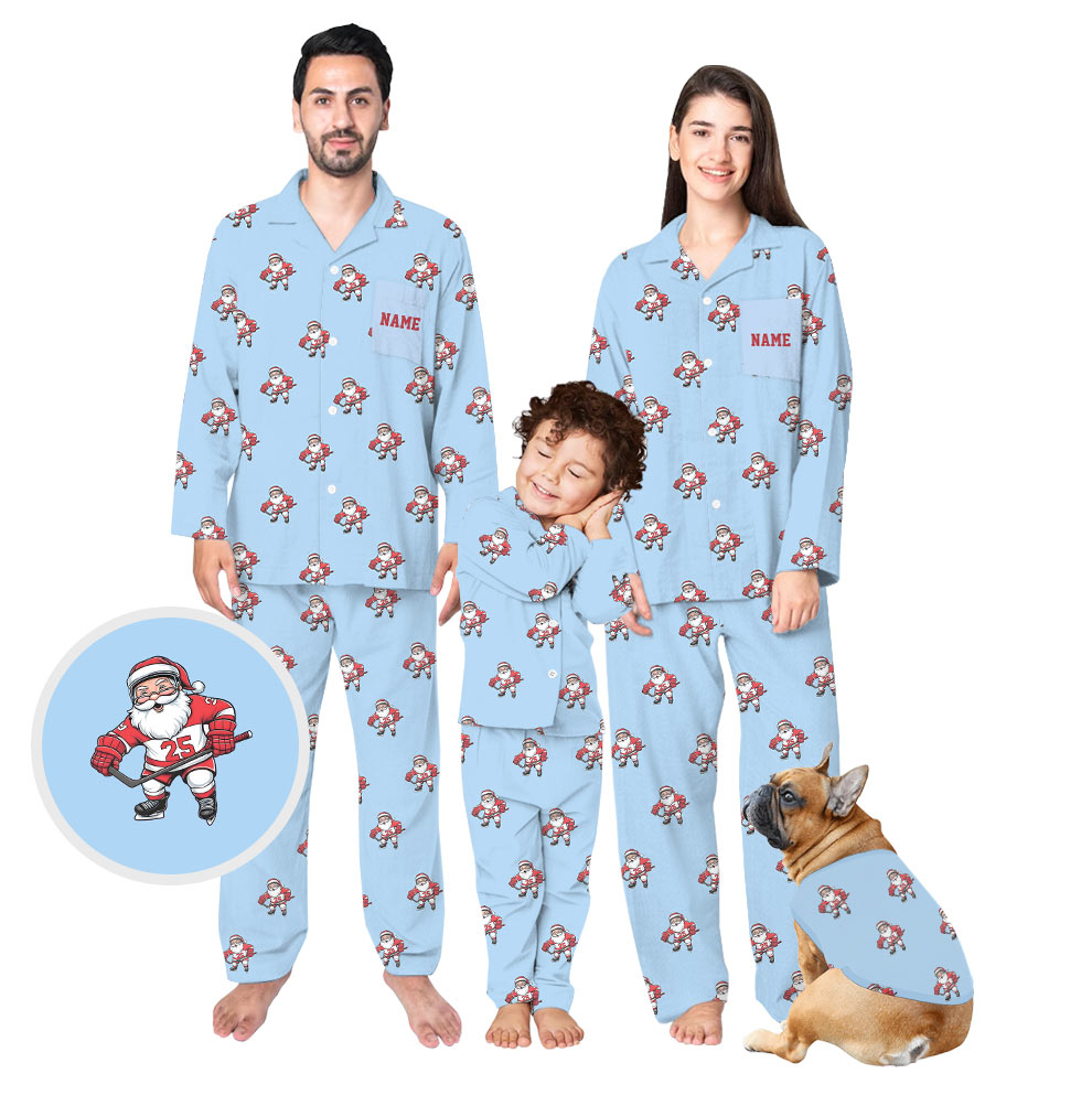 Santa Hockey Personalized Xmas Pajamas in Light Blue Santa Hockey Personalized Xmas Pajamas in Light Blue