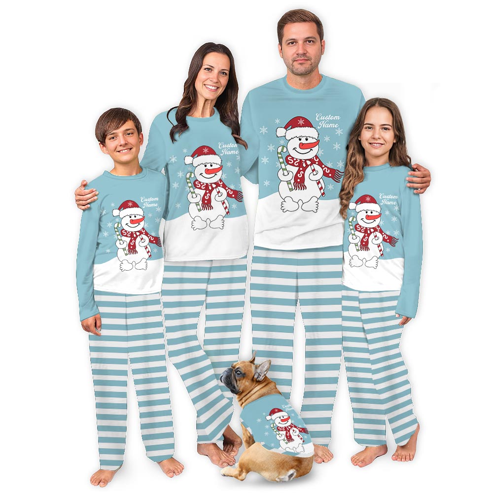 Name Personalized Holiday Pajamas with Cute Candy Snowman Name Personalized Holiday Pajamas with Cute Candy Snowman