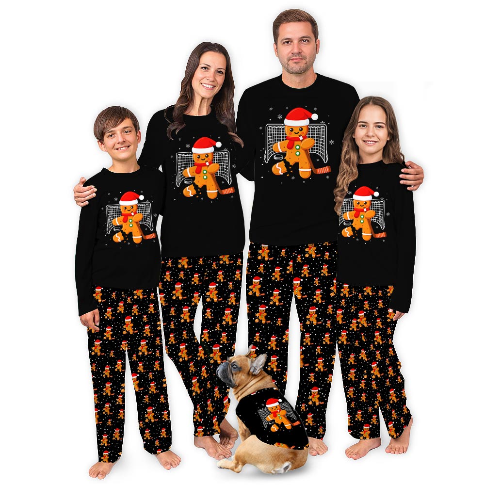 Gingerbread Playing Hockey Matching Dog And People Pajamas