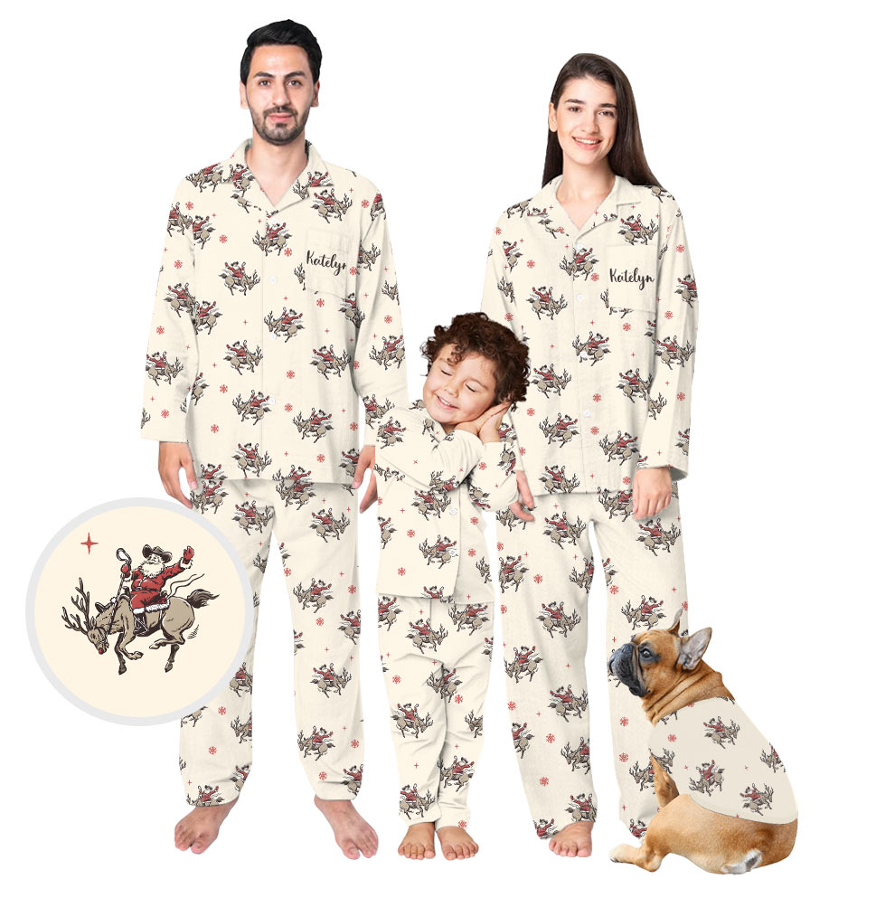 Festive Western Family Christmas Pajamas With Santa Claus Cowboy Festive Western Family Christmas Pajamas With Santa Claus Cowboy