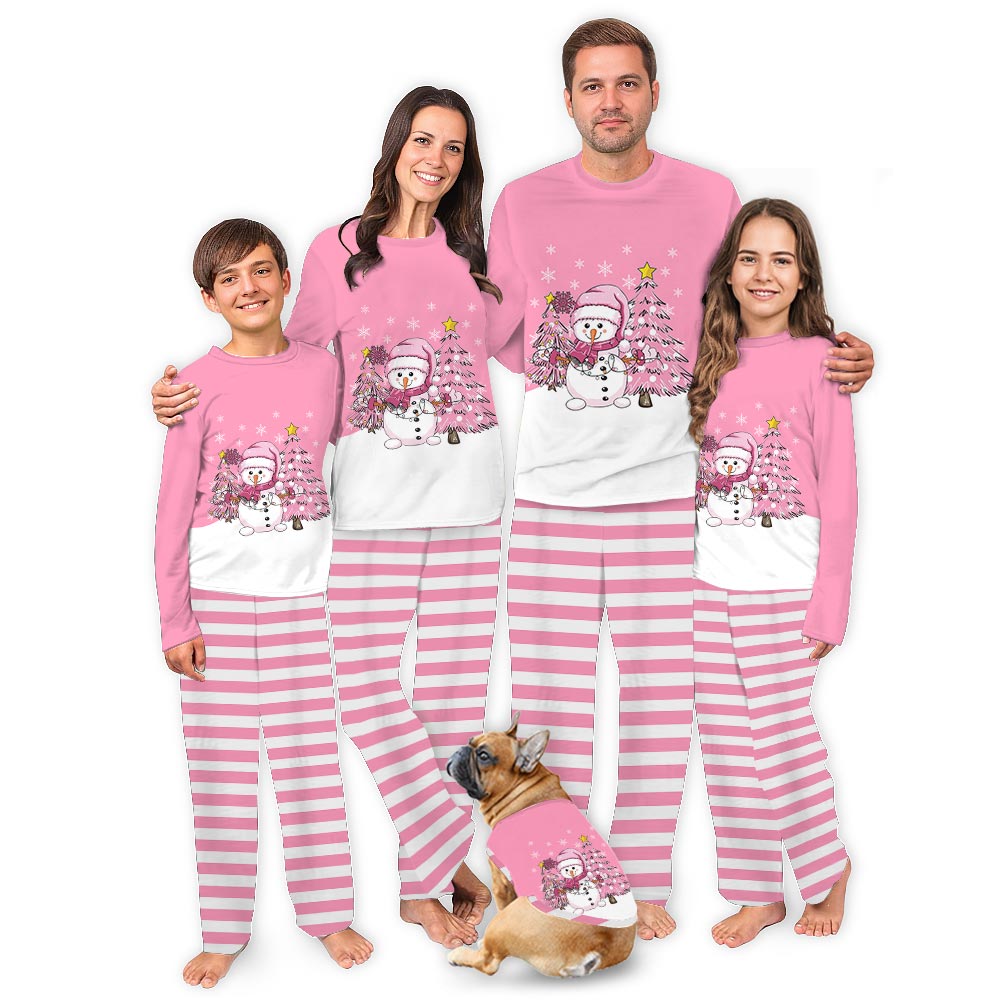 Pink Snowman and Christmas Tree 3D Family Pyjamas With Dog Pink Snowman and Christmas Tree 3D Family Pyjamas With Dog