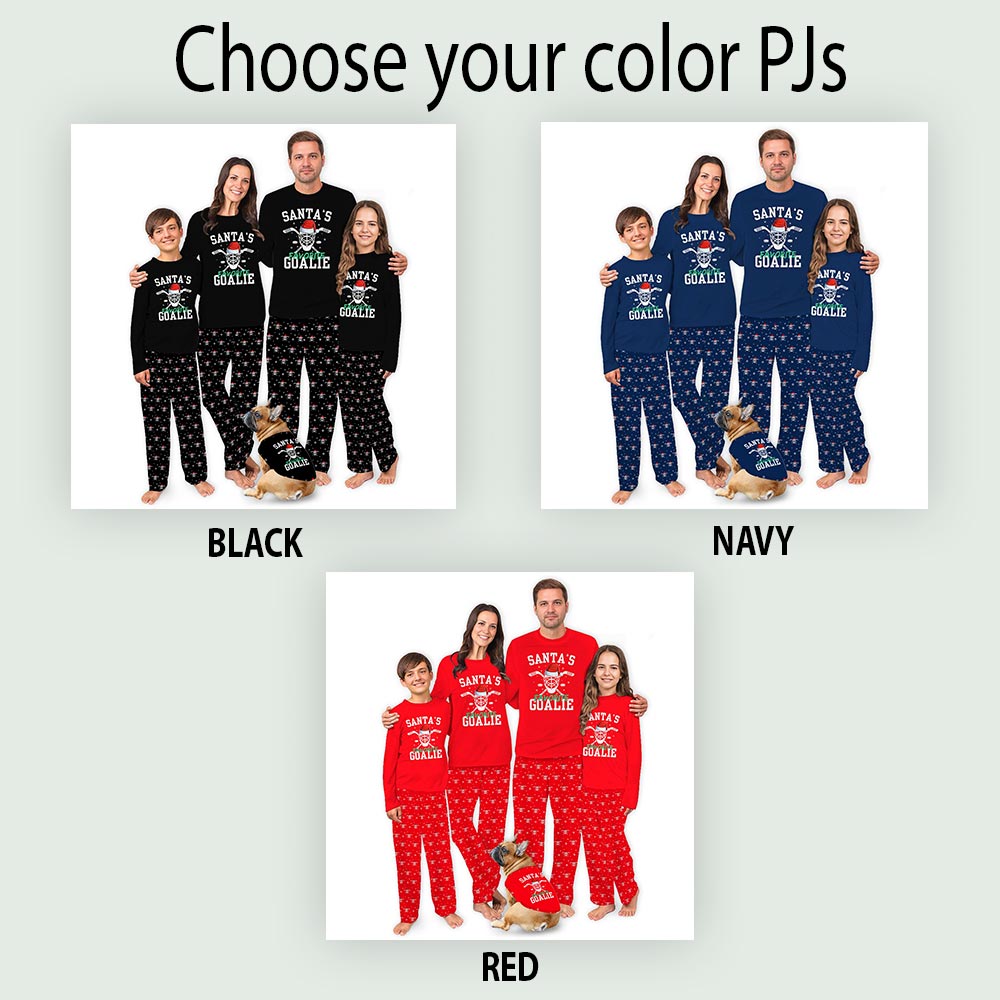 Santa's Favorite Goalie Hockey Pajama Set for the Family with Dog Santa's Favorite Goalie Hockey Pajama Set for the Family with Dog