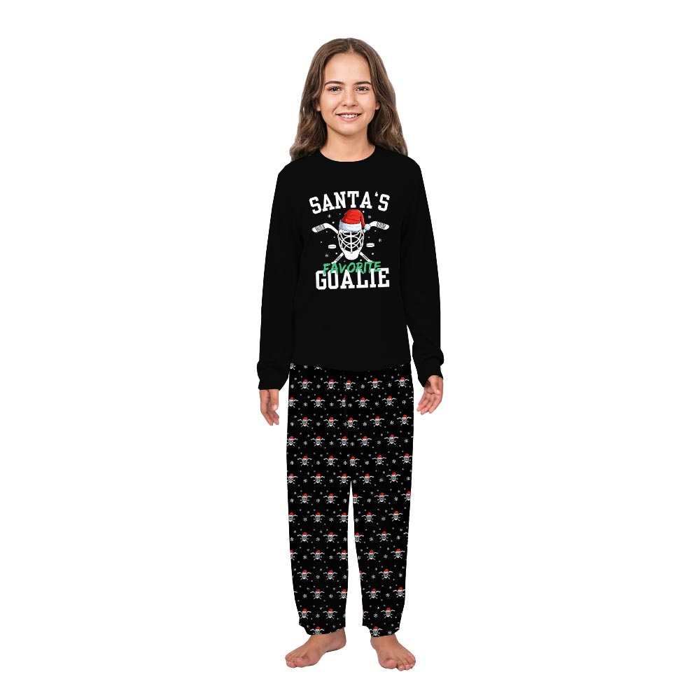 Santa's Favorite Goalie Hockey Pajama Set for the Family with Dog Santa's Favorite Goalie Hockey Pajama Set for the Family with Dog