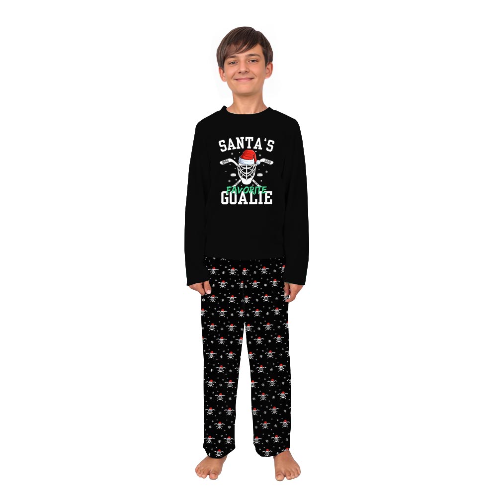 Santa's Favorite Goalie Hockey Pajama Set for the Family with Dog Santa's Favorite Goalie Hockey Pajama Set for the Family with Dog