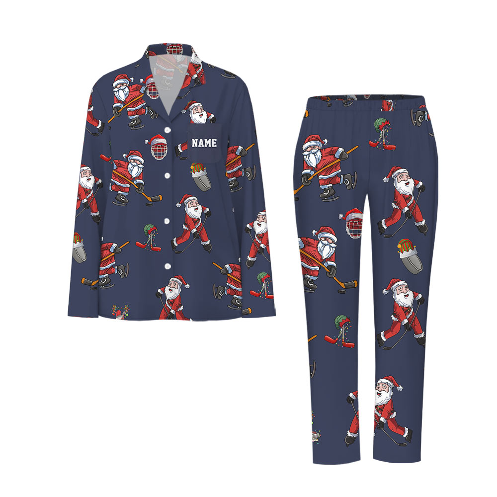 Customizable Santa Ice Hockey Family Christmas Pajamas Customizable Santa Ice Hockey Family Christmas Pajamas