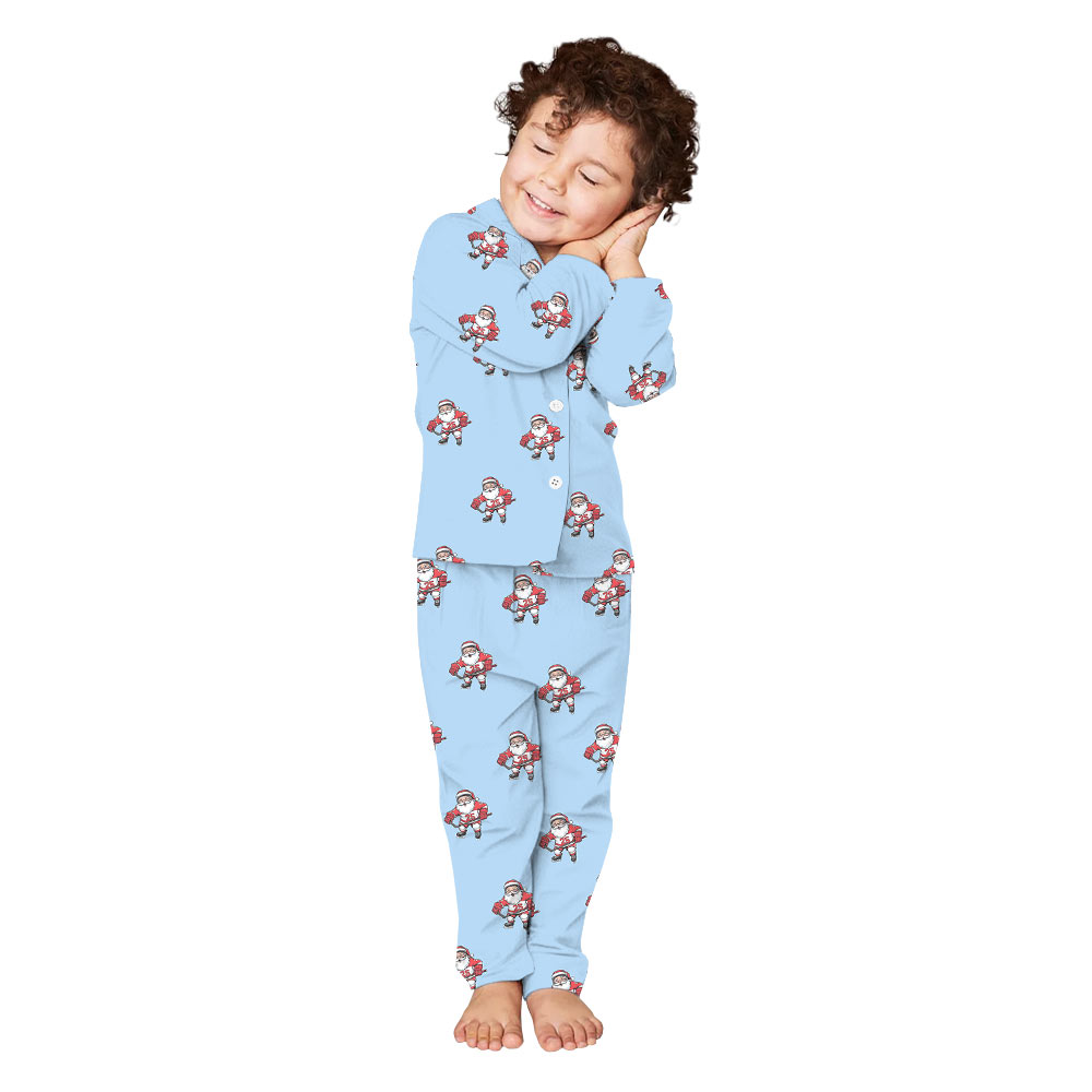 Santa Hockey Personalized Xmas Pajamas in Light Blue Santa Hockey Personalized Xmas Pajamas in Light Blue