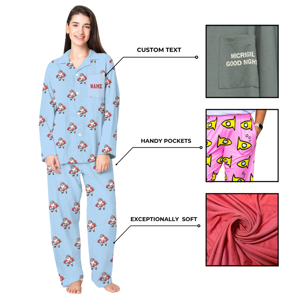 Santa Hockey Personalized Xmas Pajamas in Light Blue Santa Hockey Personalized Xmas Pajamas in Light Blue