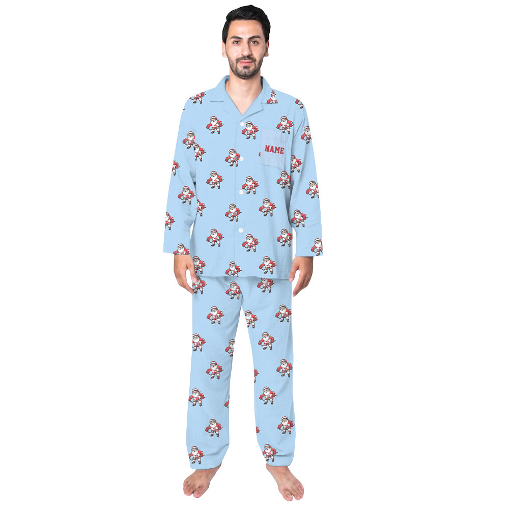Santa Hockey Personalized Xmas Pajamas in Light Blue Santa Hockey Personalized Xmas Pajamas in Light Blue