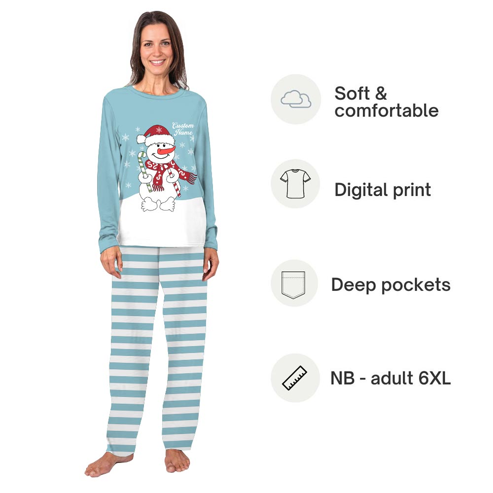 Name Personalized Holiday Pajamas with Cute Candy Snowman Name Personalized Holiday Pajamas with Cute Candy Snowman