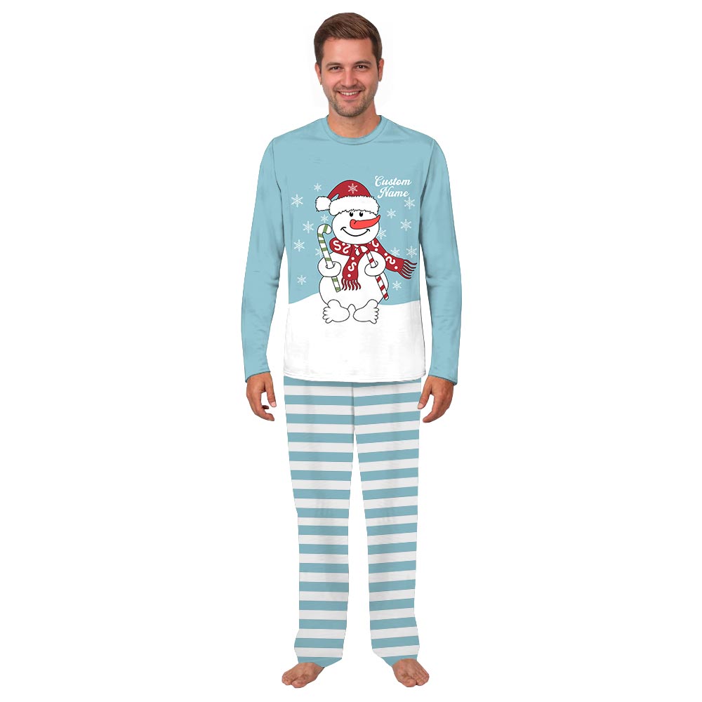 Name Personalized Holiday Pajamas with Cute Candy Snowman Name Personalized Holiday Pajamas with Cute Candy Snowman
