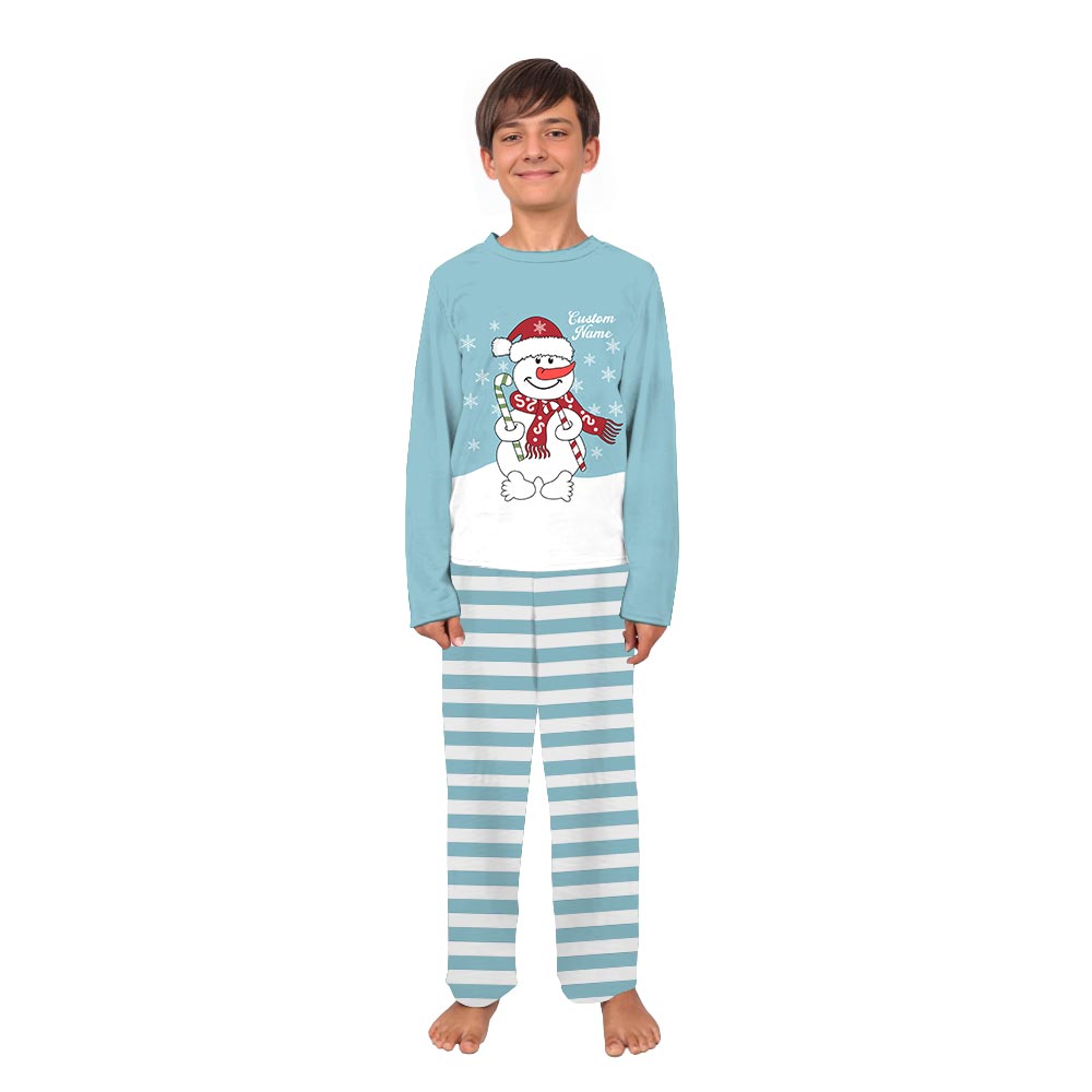 Name Personalized Holiday Pajamas with Cute Candy Snowman Name Personalized Holiday Pajamas with Cute Candy Snowman