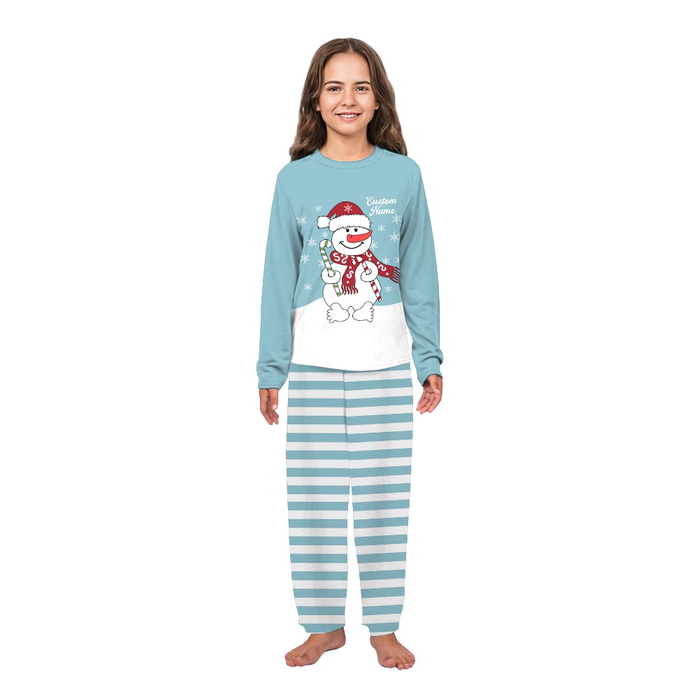 Name Personalized Holiday Pajamas with Cute Candy Snowman Name Personalized Holiday Pajamas with Cute Candy Snowman