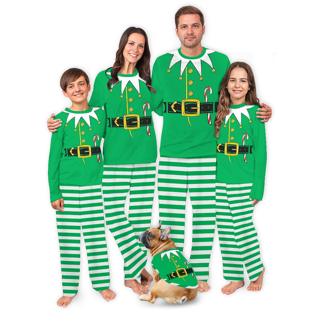 Matching People And Dog Pajamas with Santa Costume and Candy Elf Matching People And Dog Pajamas with Santa Costume and Candy Elf