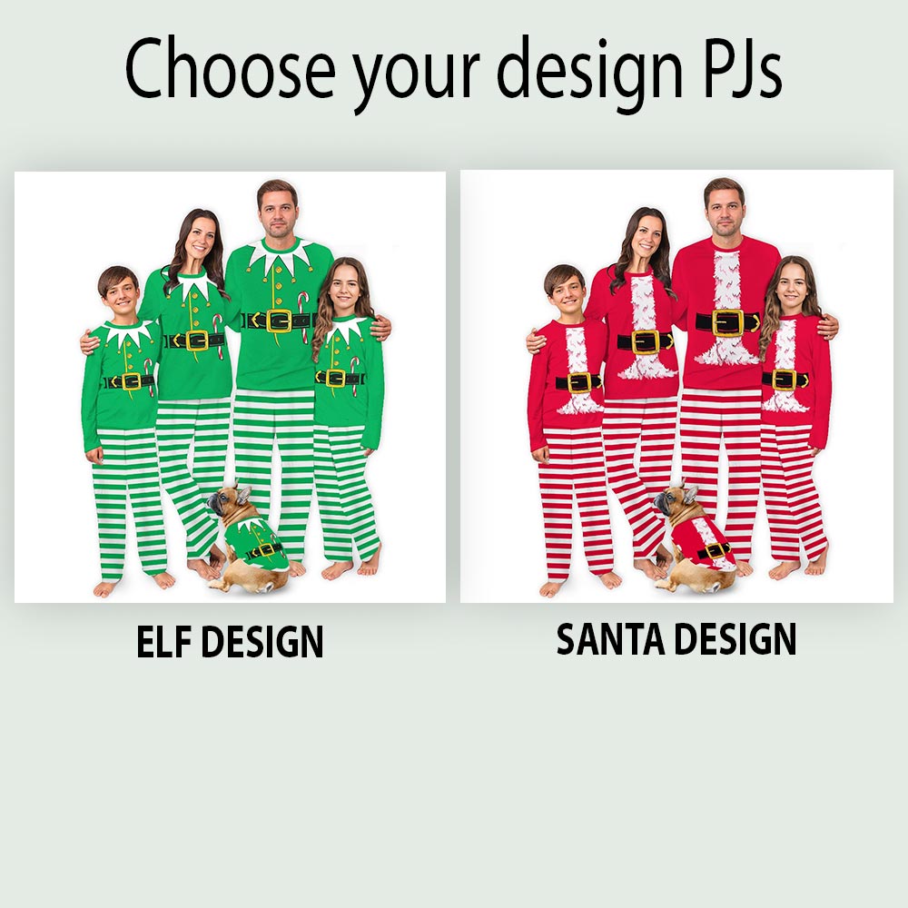 Matching People And Dog Pajamas with Santa Costume and Candy Elf Matching People And Dog Pajamas with Santa Costume and Candy Elf