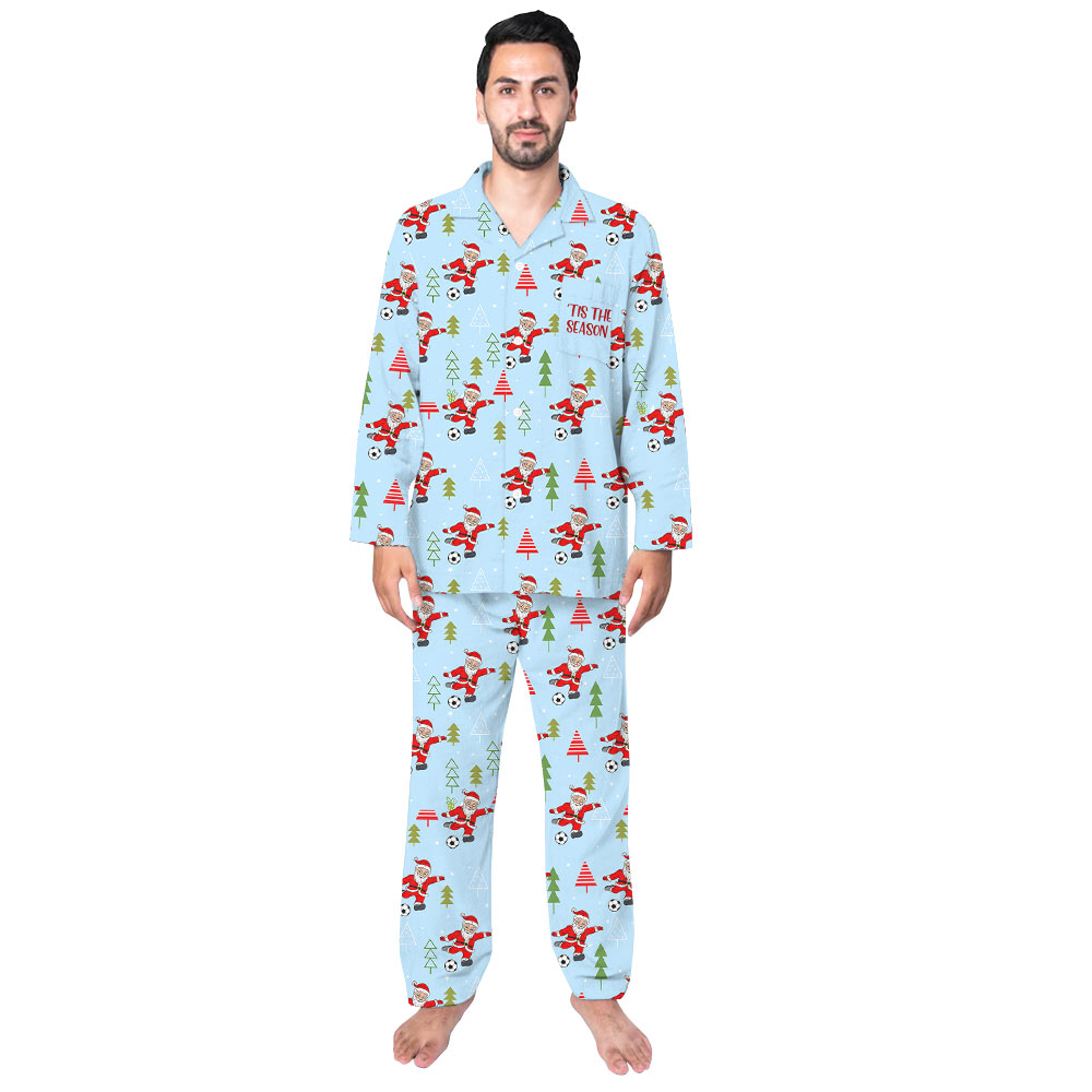 Festive Light Blue Santa Soccer Christmas Pajamas Festive Light Blue Santa Soccer Christmas Pajamas