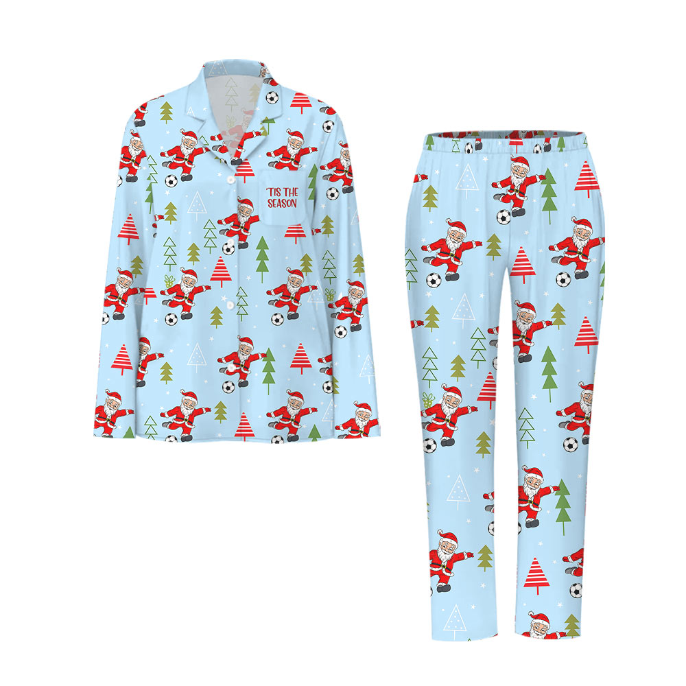 Festive Light Blue Santa Soccer Christmas Pajamas Festive Light Blue Santa Soccer Christmas Pajamas