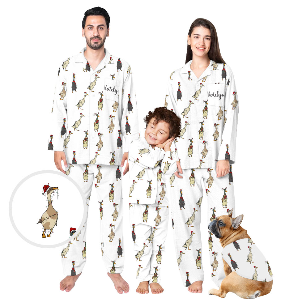 Festive Cute Duck Family Christmas Pyjamas in White Festive Cute Duck Family Christmas Pyjamas in White