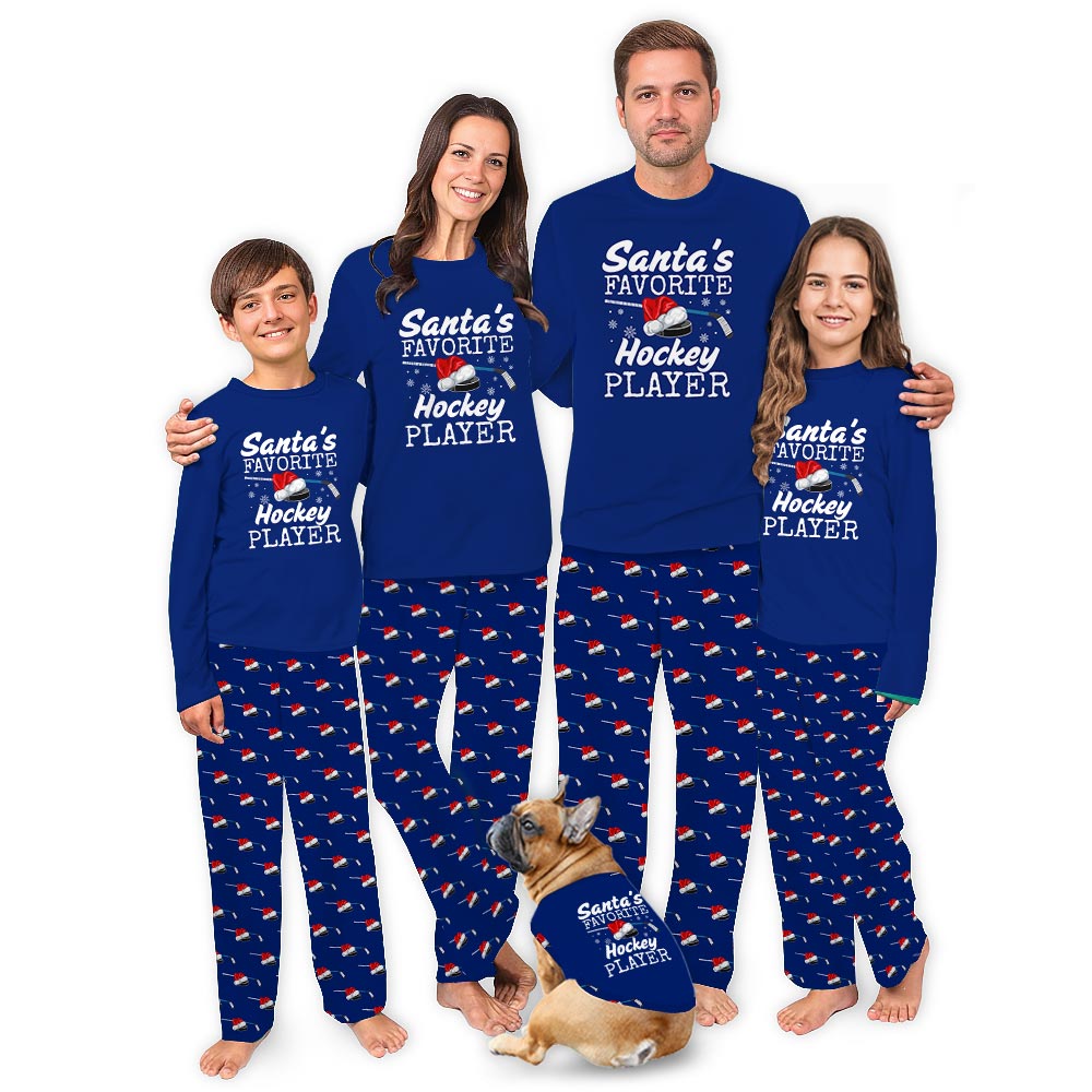 Santa's Favorite Hockey Player Family Pyjamas With Dog
