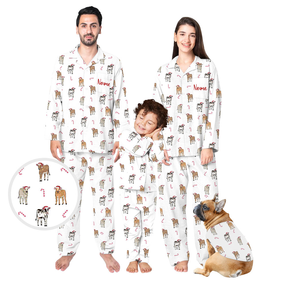 Funny Cow Print Christmas Family Pajamas And Dog Funny Cow Print Christmas Family Pajamas And Dog