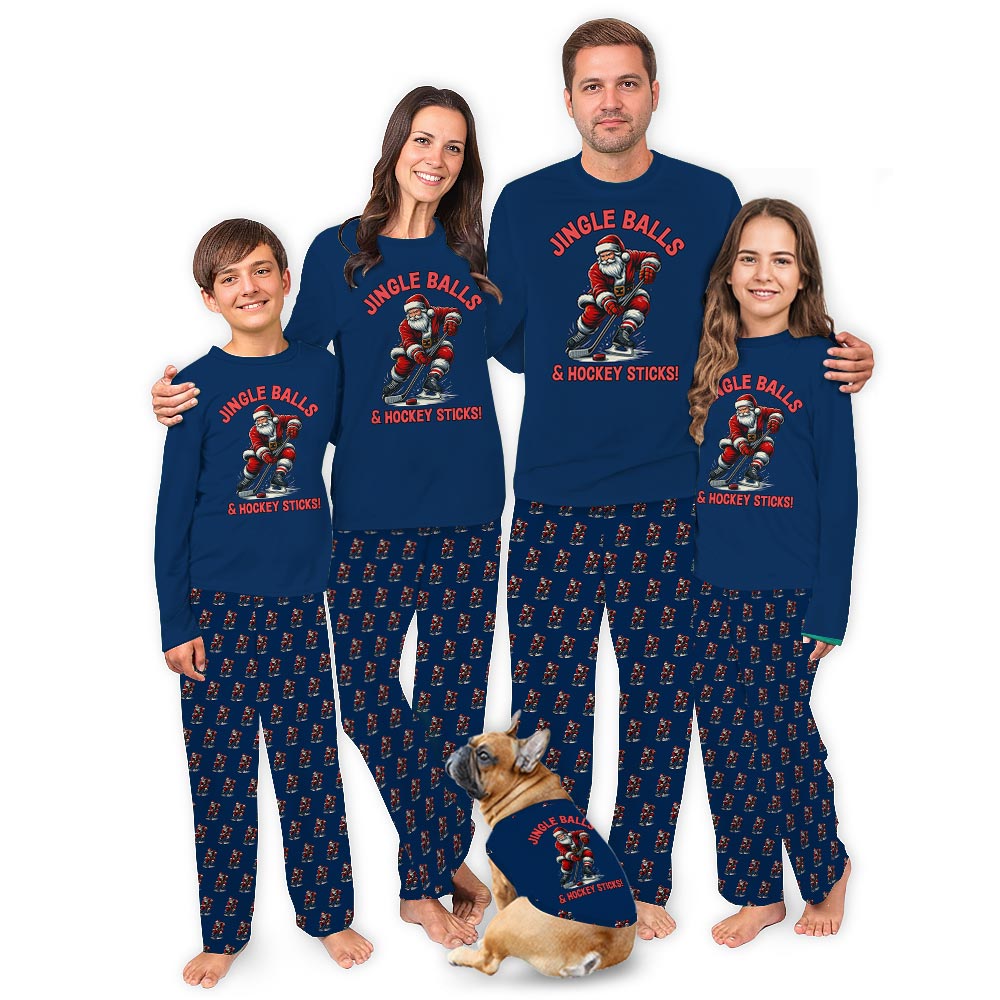 Jingle Balls and Hockey Sticks Family Jammies With Dog