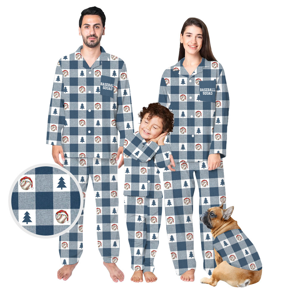 Funny Blue and White Plaid Baseball Family Christmas Pajamas Funny Blue and White Plaid Baseball Family Christmas Pajamas