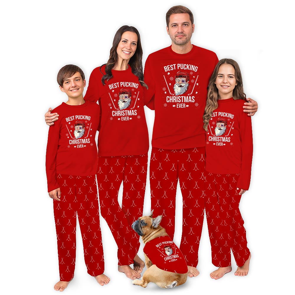 Santa Playing Hockey Dog Family Matching Pajamas Santa Playing Hockey Dog Family Matching Pajamas
