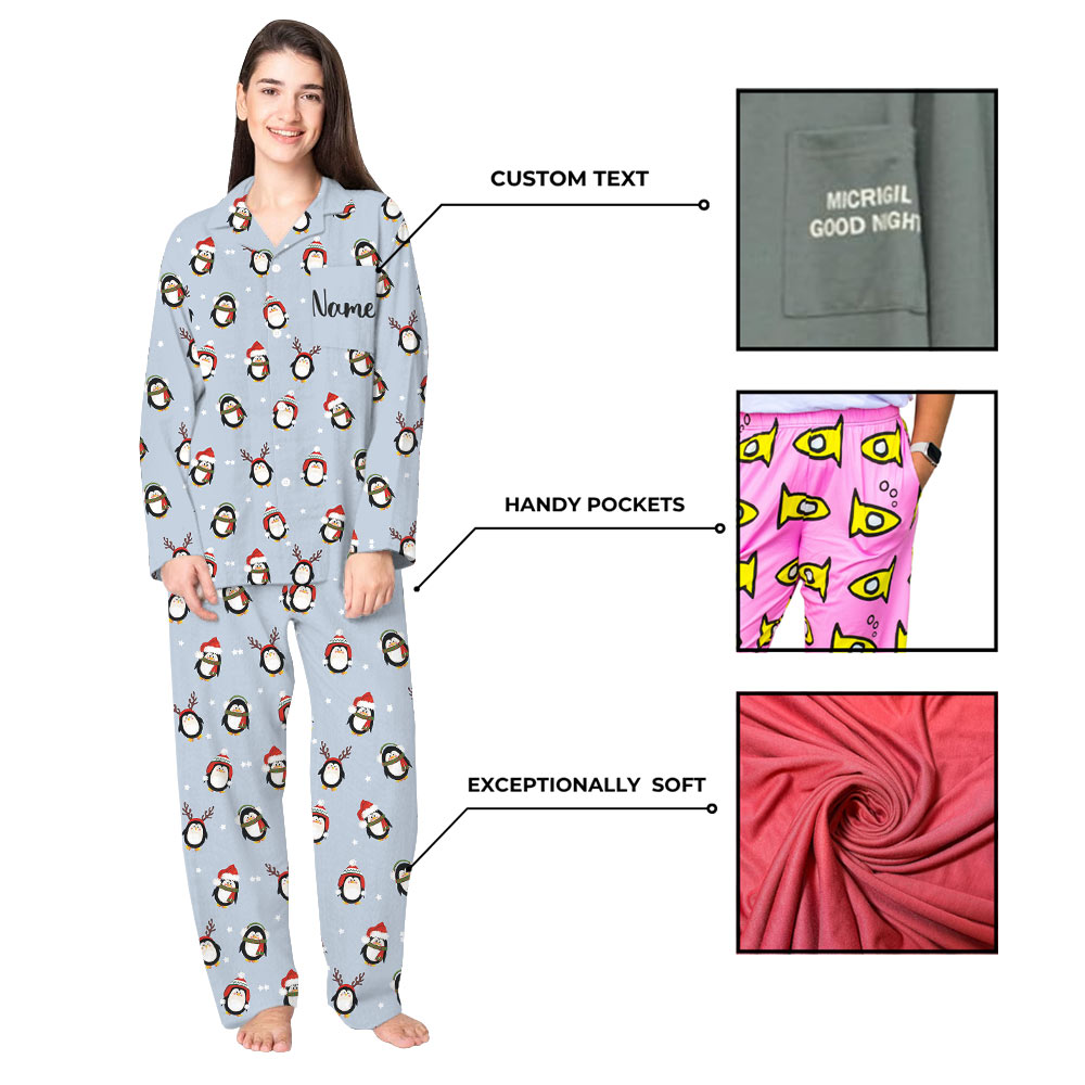 Funny Penguin Family Christmas Pajamas in Lavender Color Funny Penguin Family Christmas Pajamas in Lavender Color