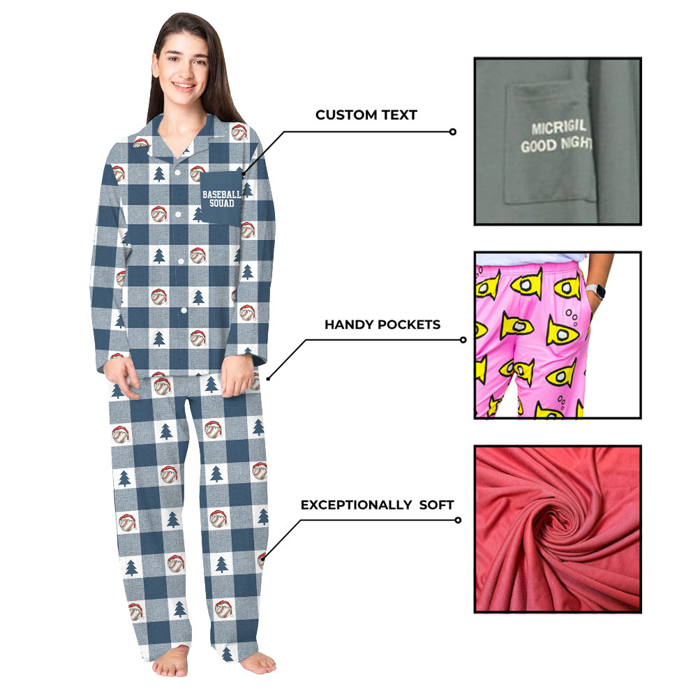 Funny Blue and White Plaid Baseball Family Christmas Pajamas Funny Blue and White Plaid Baseball Family Christmas Pajamas