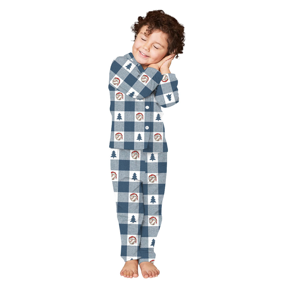 Funny Blue and White Plaid Baseball Family Christmas Pajamas Funny Blue and White Plaid Baseball Family Christmas Pajamas