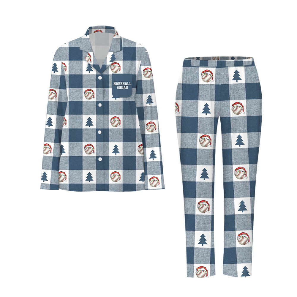 Funny Blue and White Plaid Baseball Family Christmas Pajamas Funny Blue and White Plaid Baseball Family Christmas Pajamas