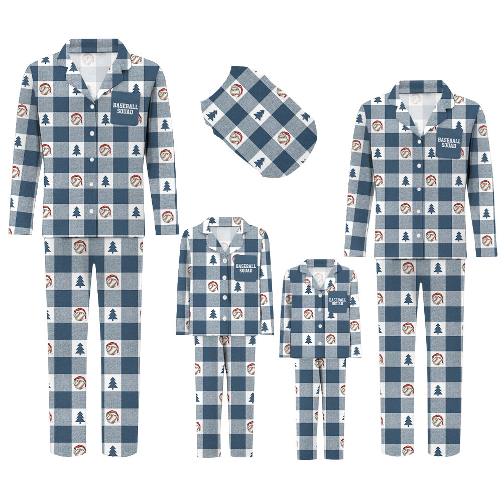 Funny Blue and White Plaid Baseball Family Christmas Pajamas Funny Blue and White Plaid Baseball Family Christmas Pajamas