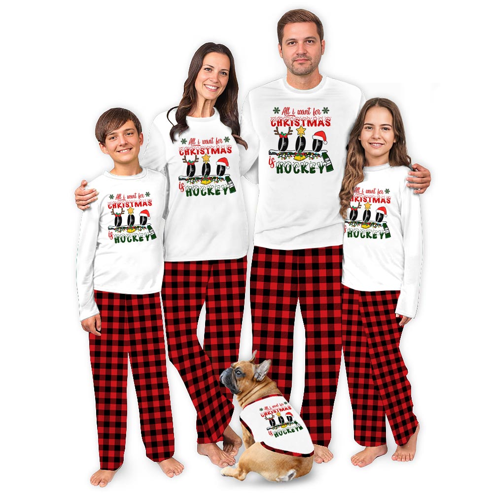 Hockey Wishes Family PJs with Dog for the Holidays Hockey Wishes Family PJs with Dog for the Holidays