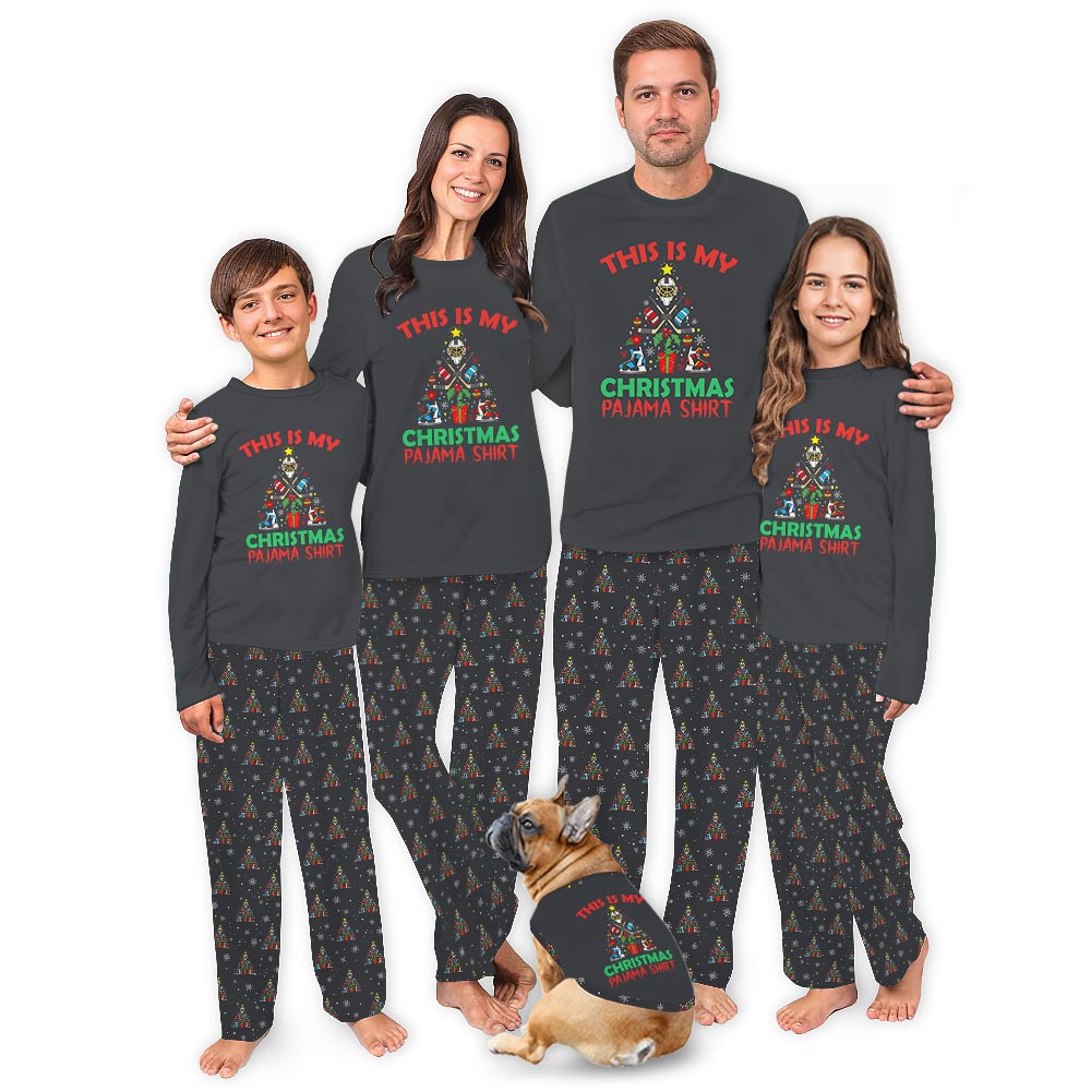 Hockey in Christmas Tree Shape Matching Dog Owner Christmas Pajamas Hockey in Christmas Tree Shape Matching Dog Owner Christmas Pajamas