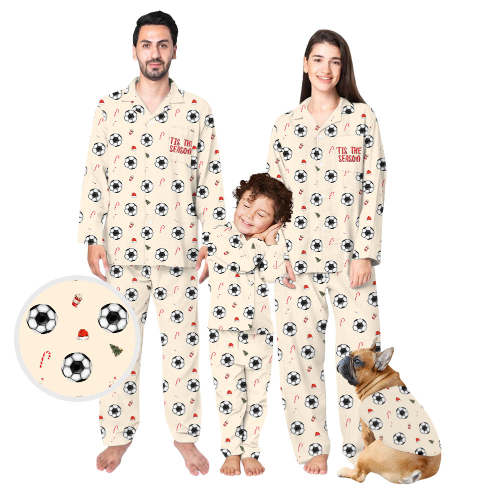 Delight Cream Soccer Family Christmas Pajamas With Dog Delight Cream Soccer Family Christmas Pajamas With Dog
