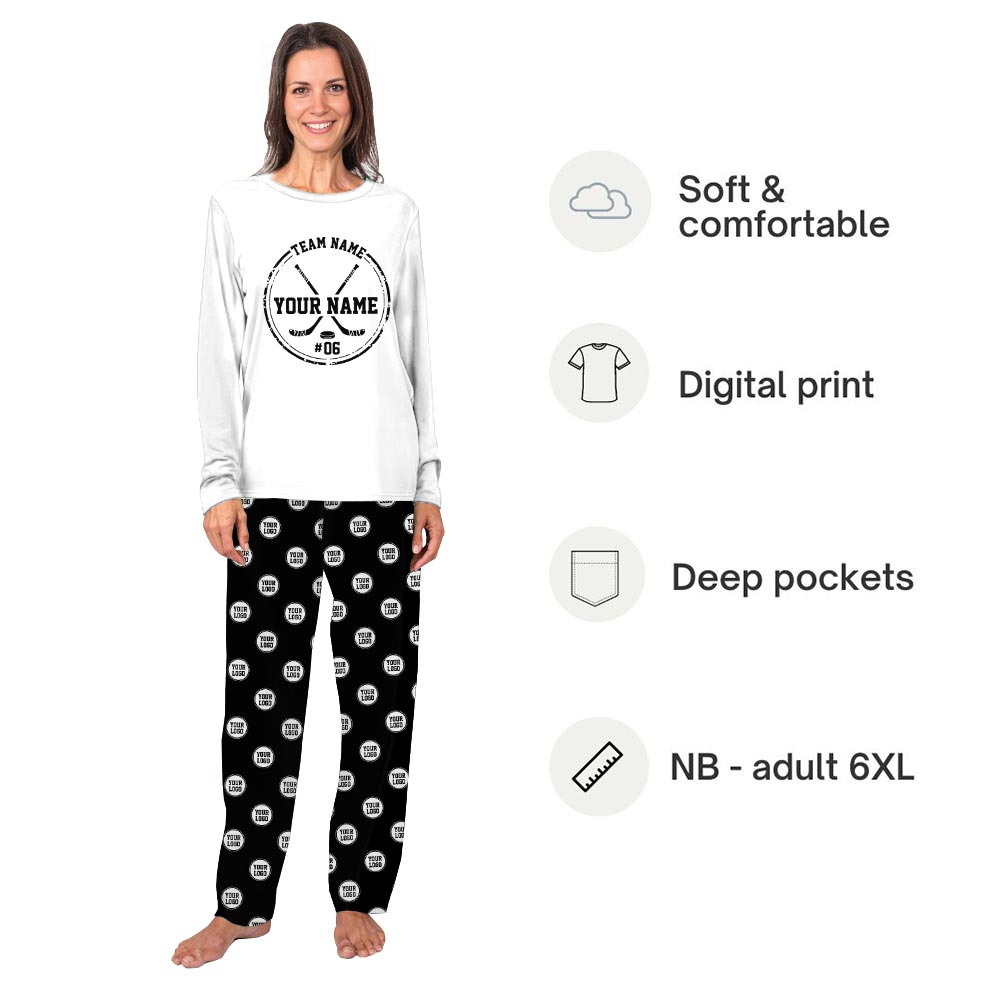 Name Personalized Holiday Pajamas with Playful Hockey Theme Name Personalized Holiday Pajamas with Playful Hockey Theme