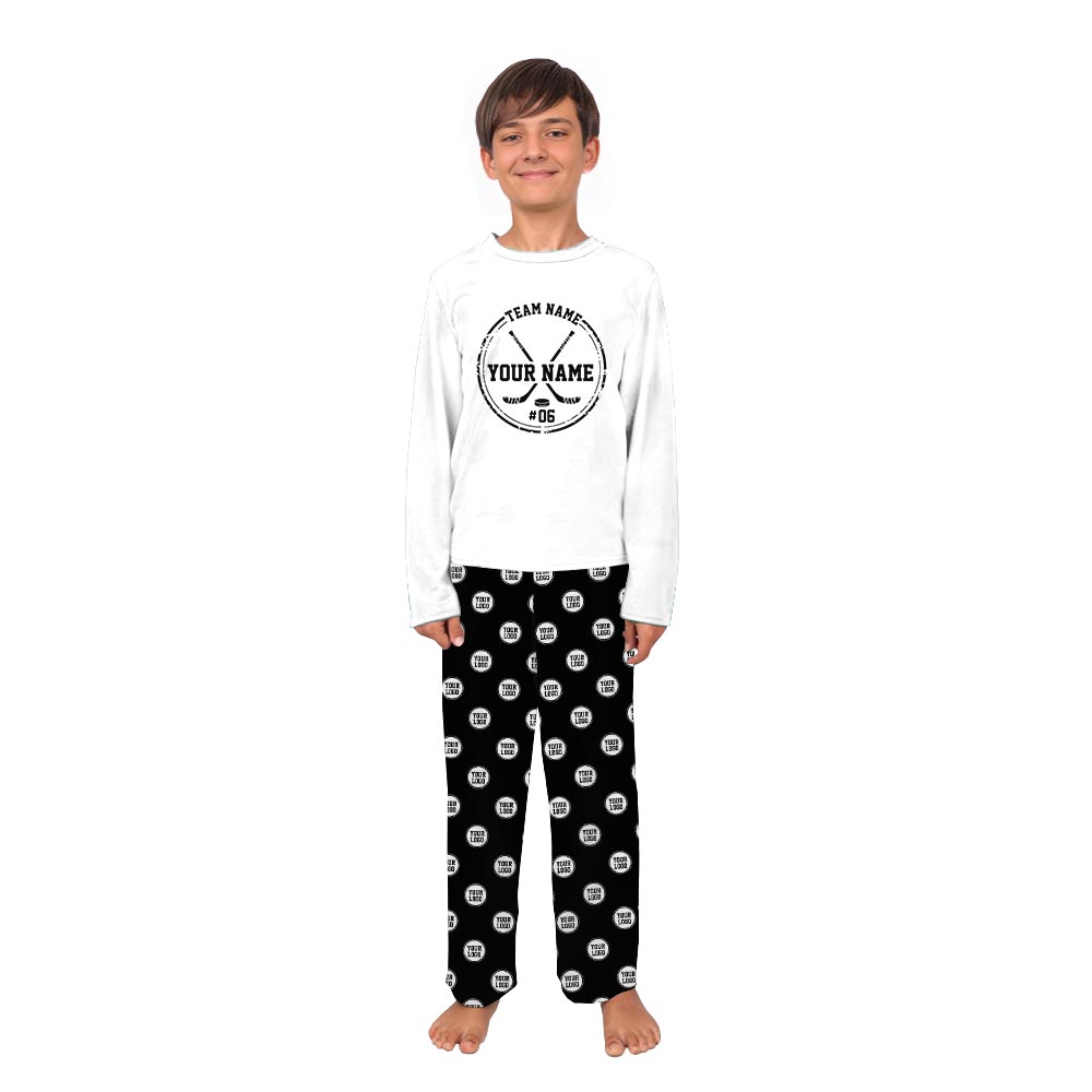 Name Personalized Holiday Pajamas with Playful Hockey Theme Name Personalized Holiday Pajamas with Playful Hockey Theme