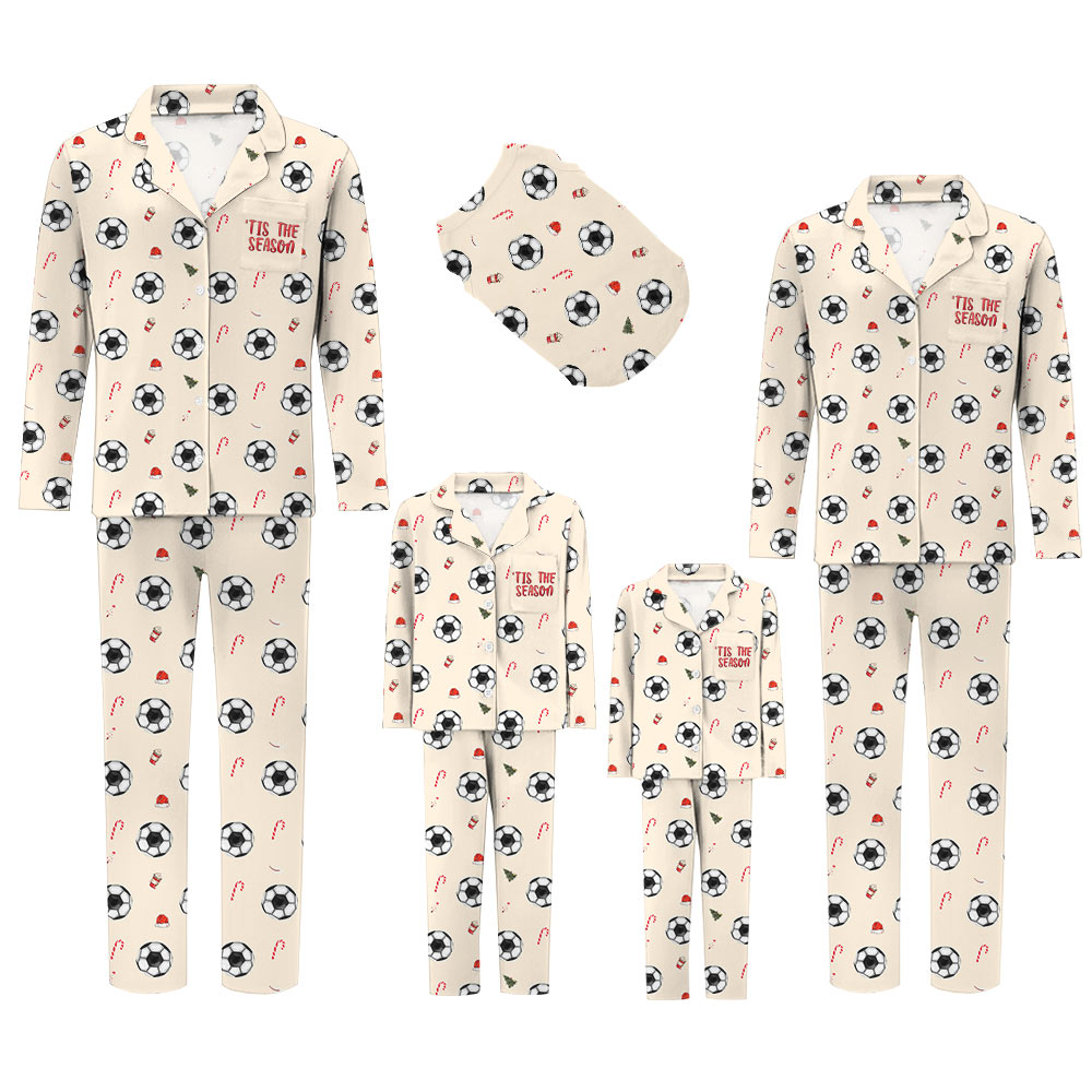 Delight Cream Soccer Family Christmas Pajamas With Dog Delight Cream Soccer Family Christmas Pajamas With Dog