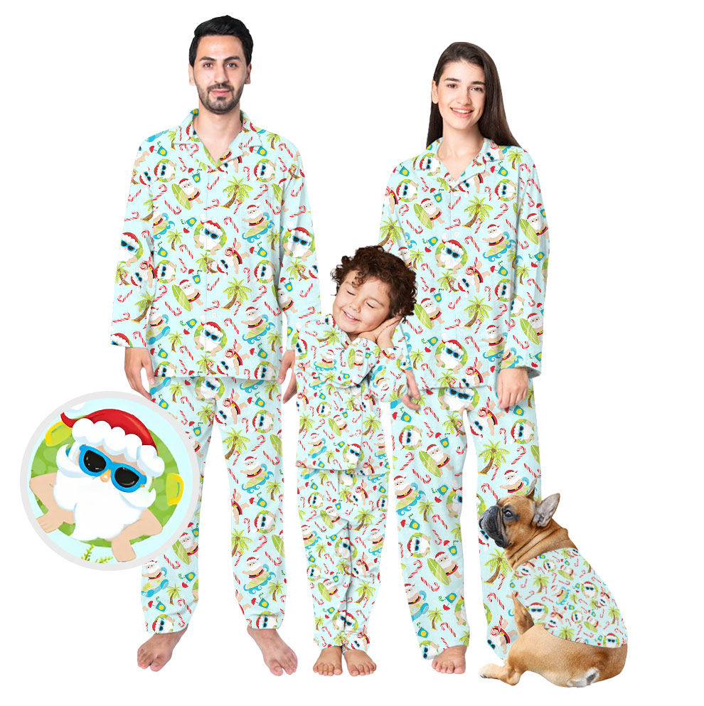 Santa Surfing Beach Christmas Pajamas Family Light Blue Santa Surfing Beach Christmas Pajamas Family Light Blue