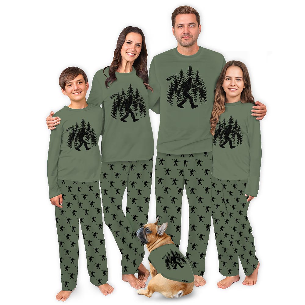 Bigfoot Hockey Family Matching Pajamas With Dog Christmas Bigfoot Hockey Family Matching Pajamas With Dog Christmas