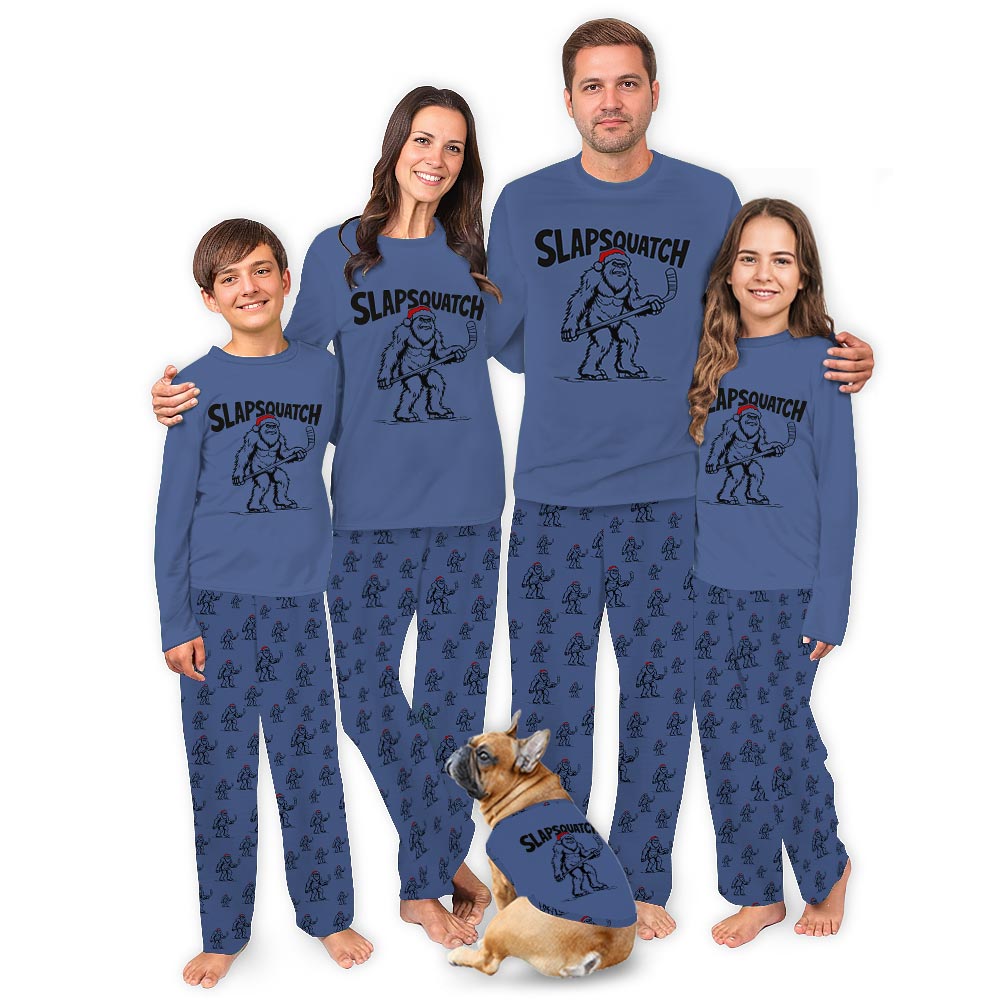 Slapsquatch Hockey Holiday Family Pajamas With Dog Slapsquatch Hockey Holiday Family Pajamas With Dog