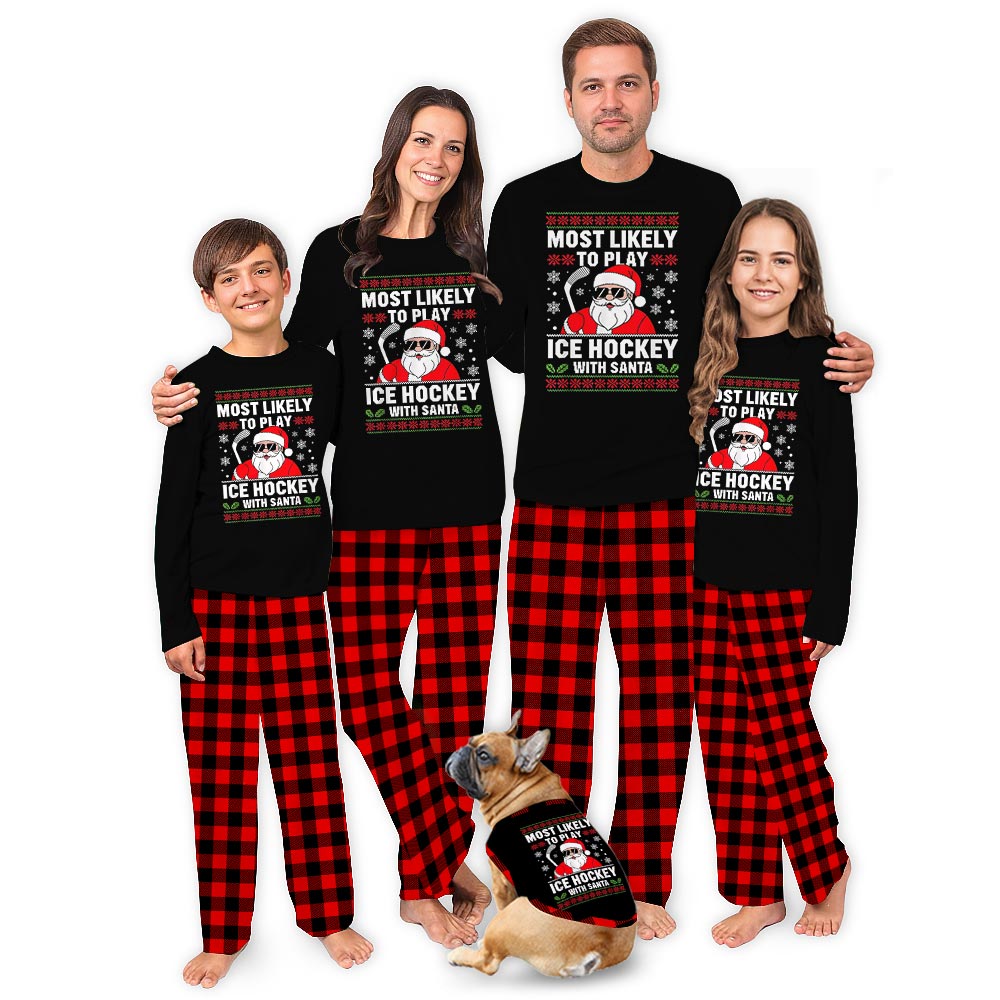 Santa Ice Hockey Pajama Set for the Whole Family with Classic Plaid Pants Santa Ice Hockey Pajama Set for the Whole Family with Classic Plaid Pants