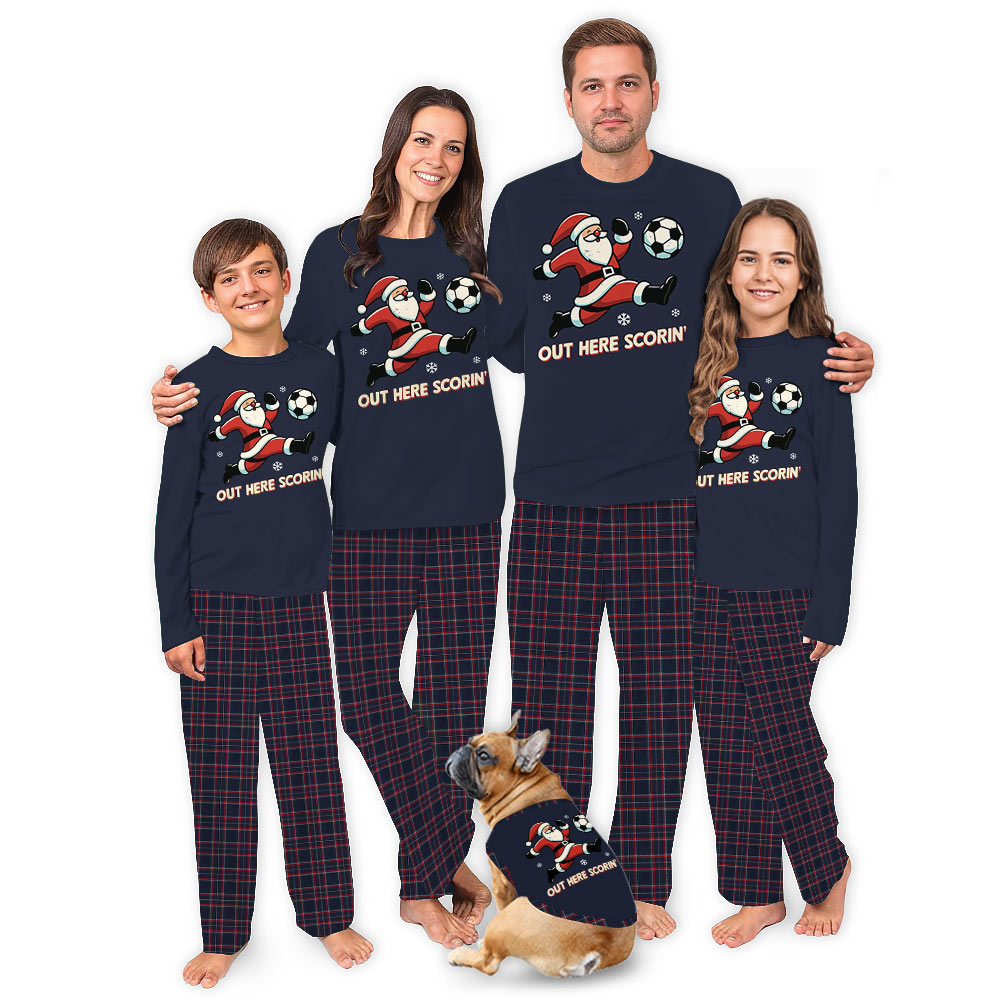 Funny Family Matching Christmas Pajamas with Santa Soccer Design Funny Family Matching Christmas Pajamas with Santa Soccer Design