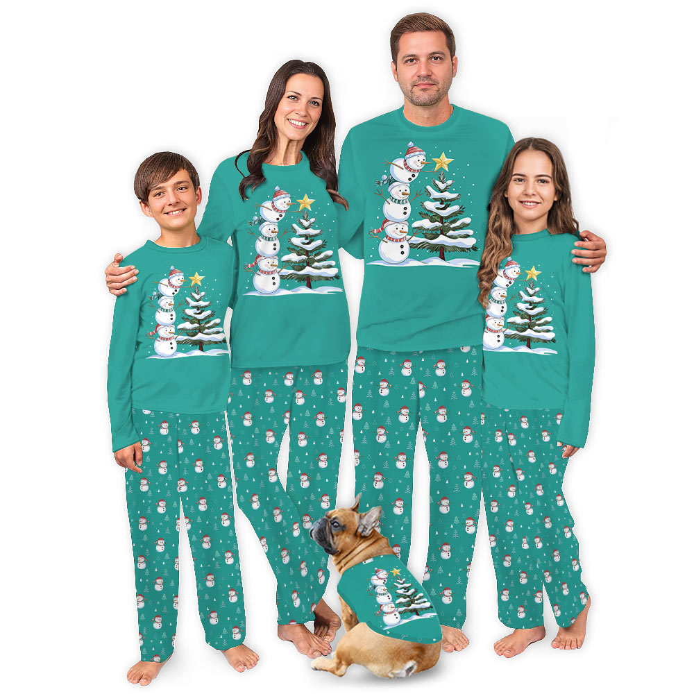 Blue Matching Christmas Tree Pajamas with Snowman Design Blue Matching Christmas Tree Pajamas with Snowman Design