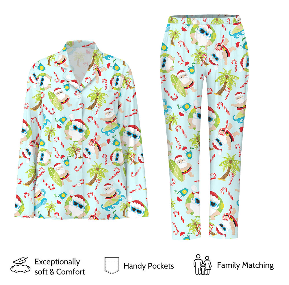 Santa Surfing Beach Christmas Pajamas Family Light Blue Santa Surfing Beach Christmas Pajamas Family Light Blue