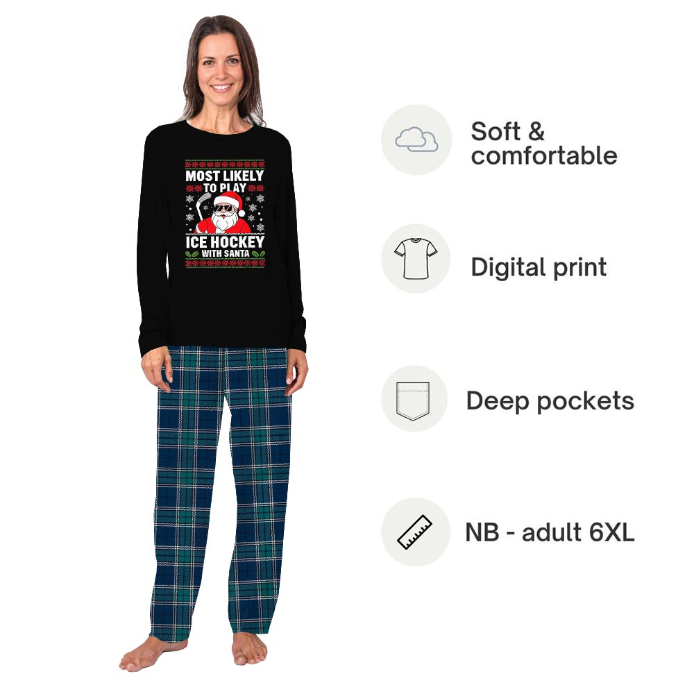 Santa Ice Hockey Family Pajamas With Dog and Navy Plaid Pants Santa Ice Hockey Family Pajamas With Dog and Navy Plaid Pants
