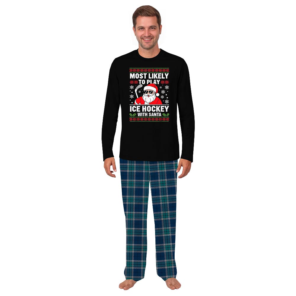 Santa Ice Hockey Family Pajamas With Dog and Navy Plaid Pants Santa Ice Hockey Family Pajamas With Dog and Navy Plaid Pants