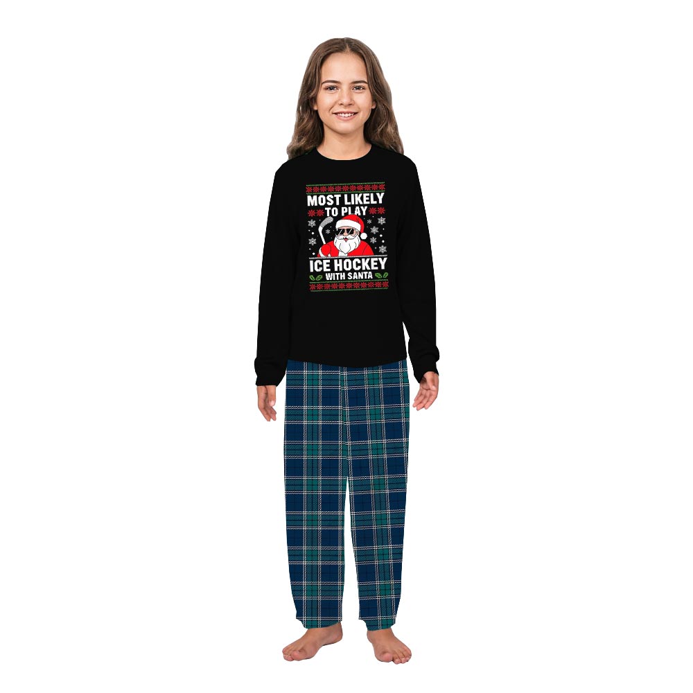 Santa Ice Hockey Family Pajamas With Dog and Navy Plaid Pants Santa Ice Hockey Family Pajamas With Dog and Navy Plaid Pants
