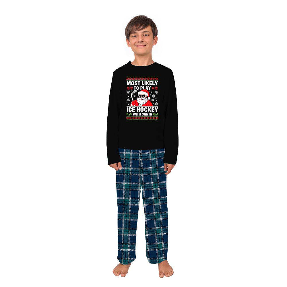 Santa Ice Hockey Family Pajamas With Dog and Navy Plaid Pants Santa Ice Hockey Family Pajamas With Dog and Navy Plaid Pants